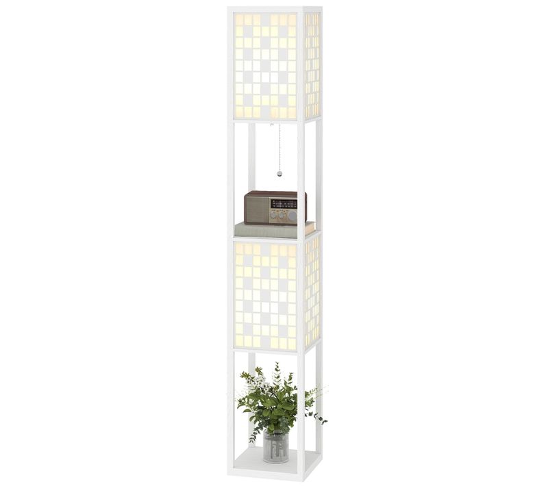 Lampadaire Sur Pied Avec étagères Et Abat-jour En Grille, Blanc