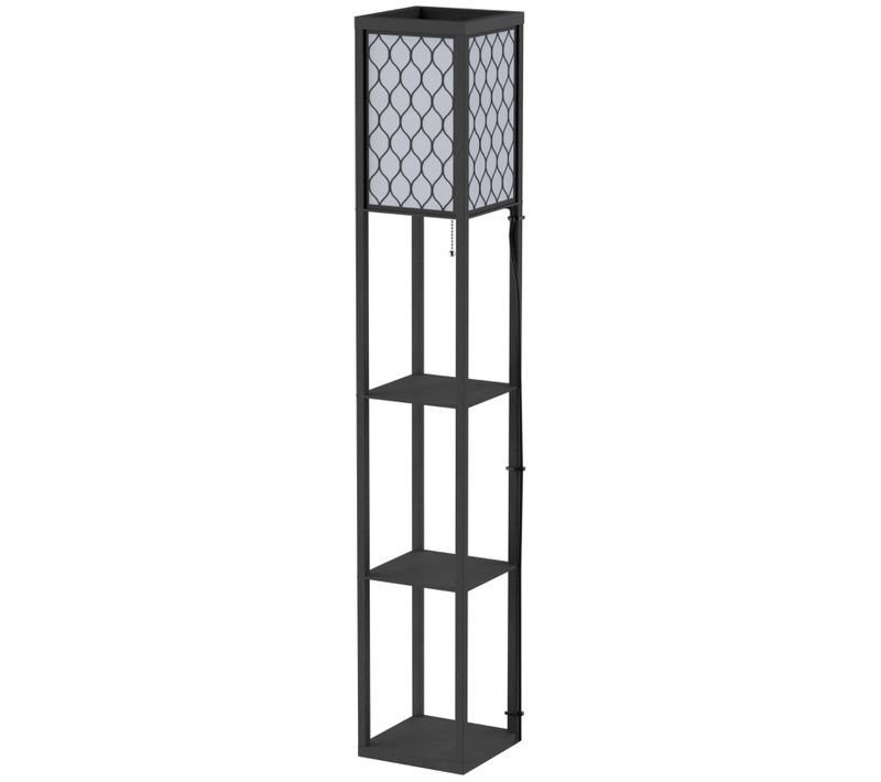 Lampadaire Avec Étagères En Bois, E27, Lumière Chaleureuse, Noir