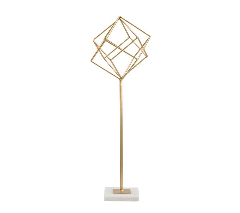 Sculpture Décorative Cube Géométrique Métal Doré Socle Marbre 52,5 Cm