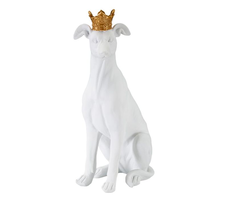 Sculpture Décorative Chien Assis Blanc Avec Couronne Dorée 33 Cm