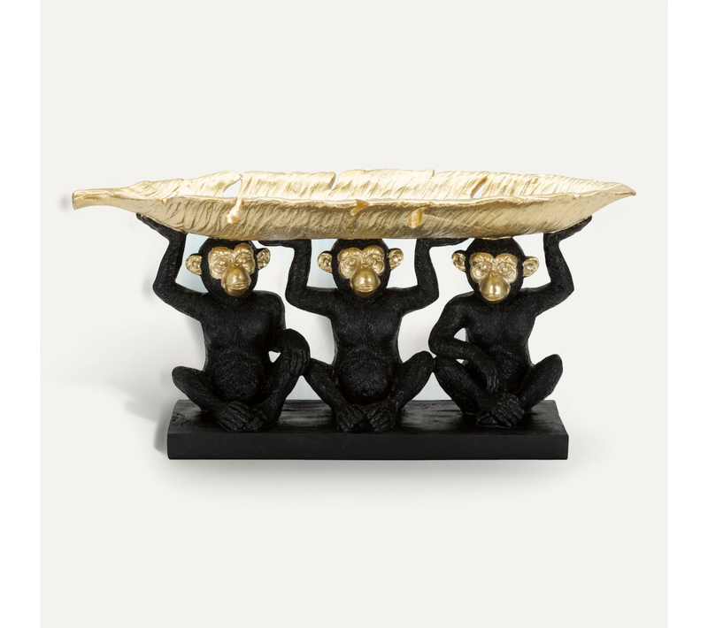 Statuette Trois Singes Avec Feuille Dorée 43 Cm