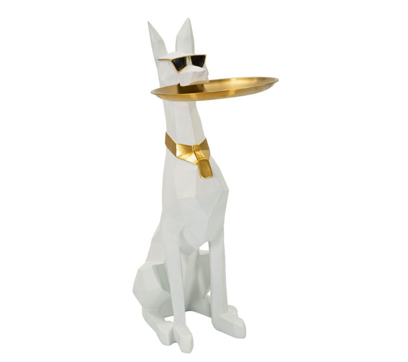 Statuette Chien Ory Avec Plateau 51x27x74 Cm Blanc Et Doré