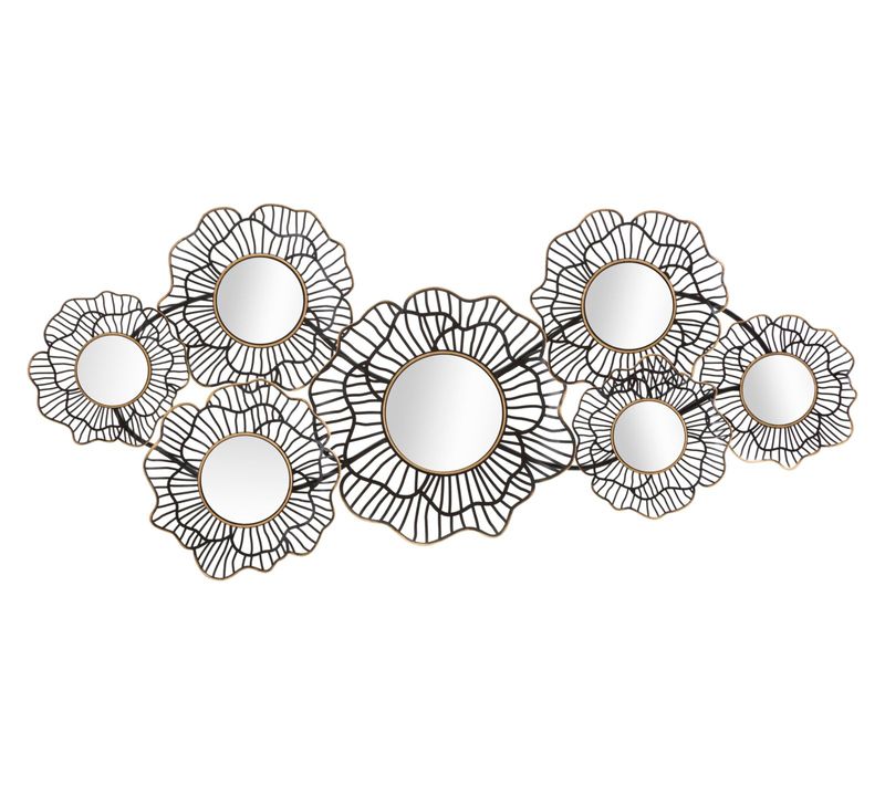 Décoration Murale 3d Osaka Fleurs Et Miroirs Ronds Métal Noir/or 121x5x56 Cm