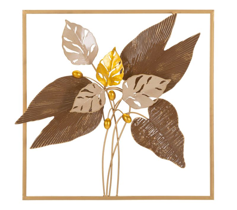 Panneau Mural Décoratif Carré En Métal Doré Avec Feuilles Colorées 50x50 Cm