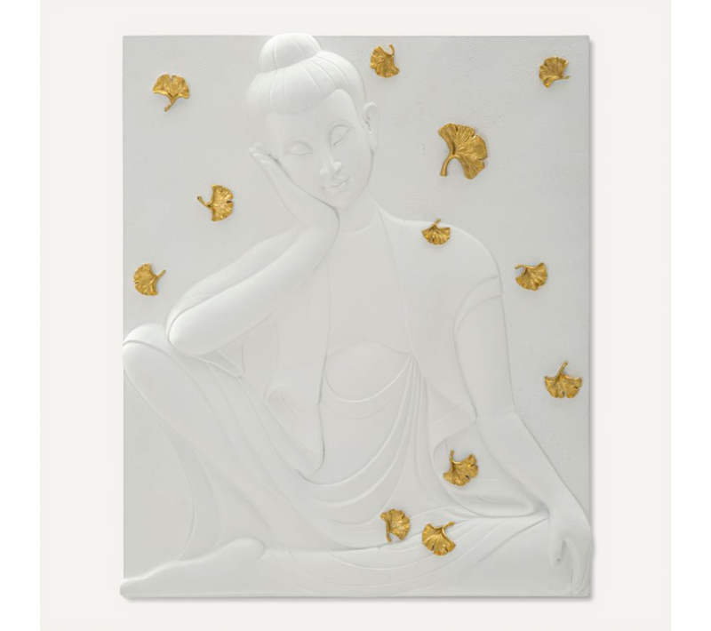 Panneau Mural Bouddha En Résine 3d Blanc Et Doré 46x55,5 Cm