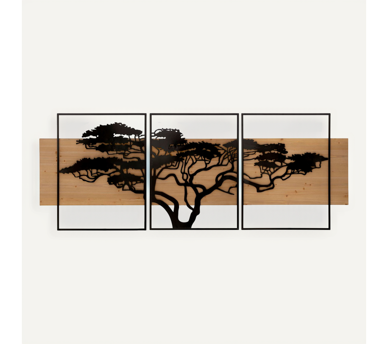 Panneau Mural 3d Arbre Savane En Métal Et Bois - Set 3 Pièces