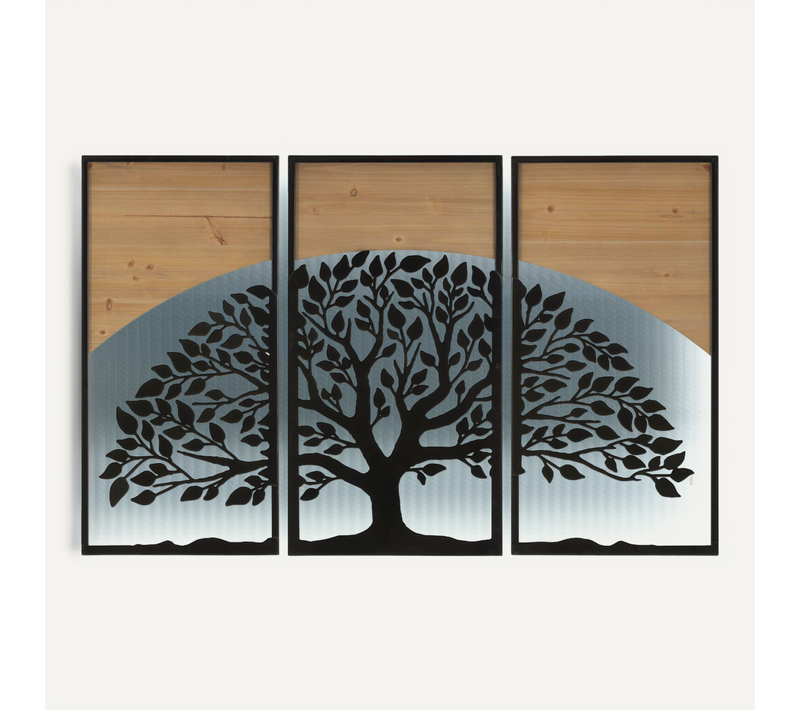 Panneau Mural 3d Arbre Majestueux Dans Cadre Style Coucher De Soleil - Set 3 Pièces