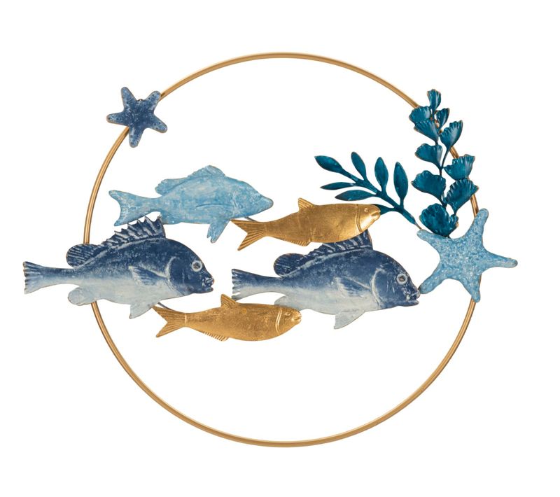 Panneau Mural Décoratif Marin En Métal Et Bois Avec Poissons Tropicaux 77x63 Cm