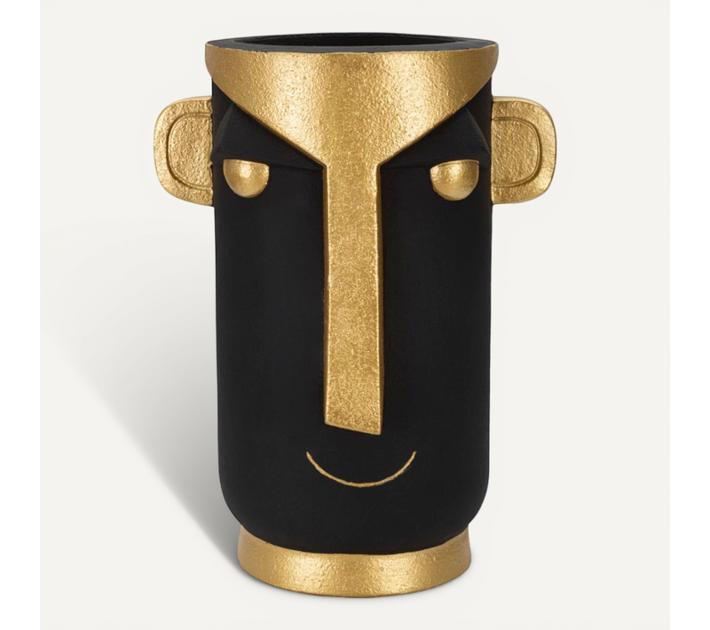Vase Décoratif Visage Tribal En Polyresine Noir Et Doré, Style Primitif Pour Intérieur élégant
