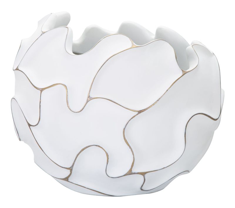 Cache-pot Rond En Polyresine Avec Reliefs Ondulés Style Boho Chic, Blanc Patiné