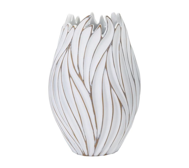 Vase Ovale En Polyresine Style Boho Chic Avec Reliefs Ondulés, Blanc Patiné