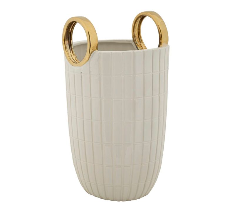 Vase En Céramique Shopping Ø 18x25 Cm Avec Relief Carré Et Anneaux Dorés