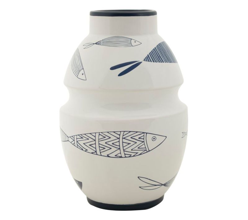 Vase Décoratif Céramique Blanche Poissons Bleus Ø15x24 Cm Style Moderne