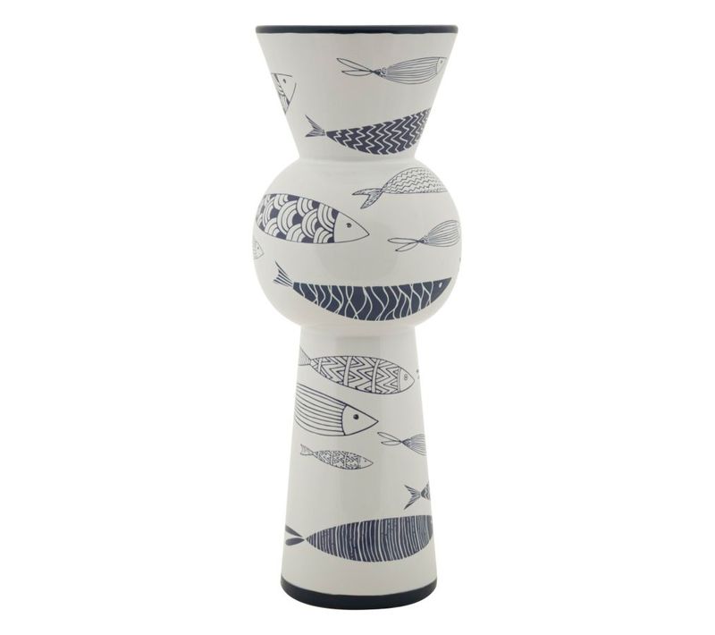 Vase Décoratif Haut Céramique Blanche Poissons Bleus Ø14x38,5 Cm