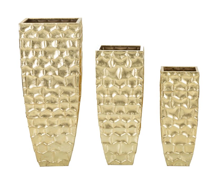 Set 3 Vases Carrés Décoratifs En Métal Doré Avec Reliefs élégants