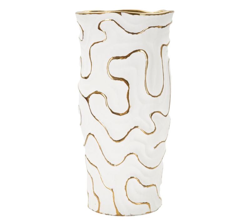 Vase En Céramique Blanc Et Doré D.16x32,5 Cm Design élégant