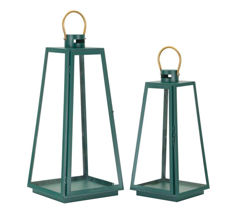 Lot De 2 Lanternes Vertes Et Dorées En Fer Et Verre Ø25x57 Et Ø20x45 Cm