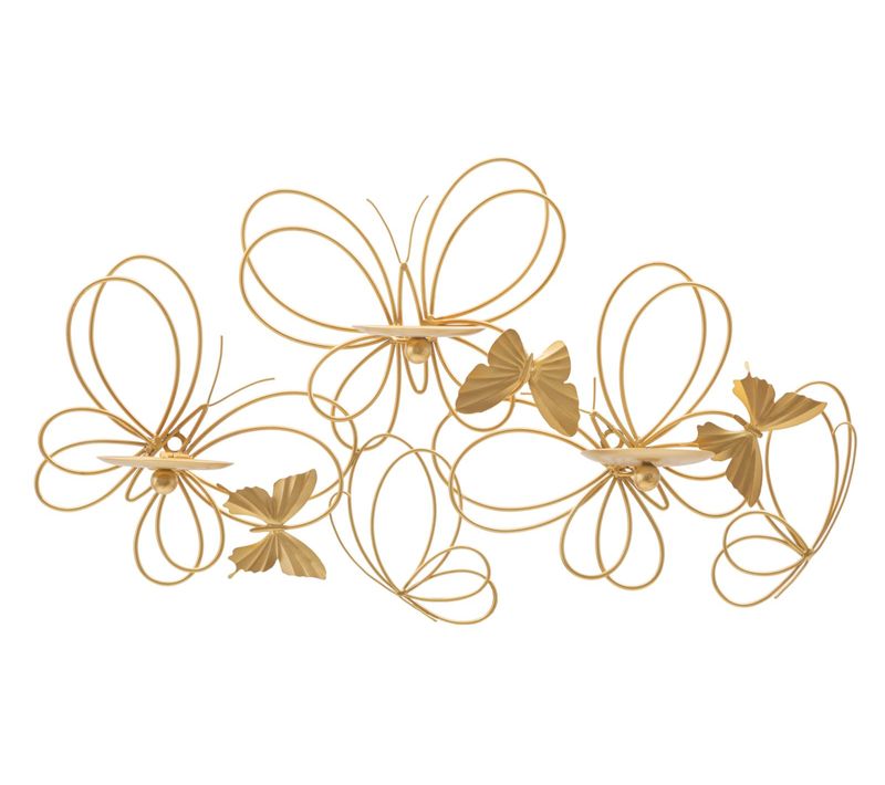 Bougeoir Mural Doré Papillons Volants Pour 3 Bougies 61x12x34 Cm
