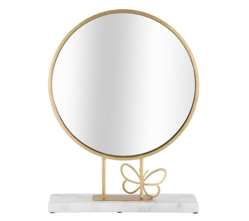 Miroir De Table Rond 30x9x39,5 Cm Avec Cadre Doré Et Socle Marbre à Papillon