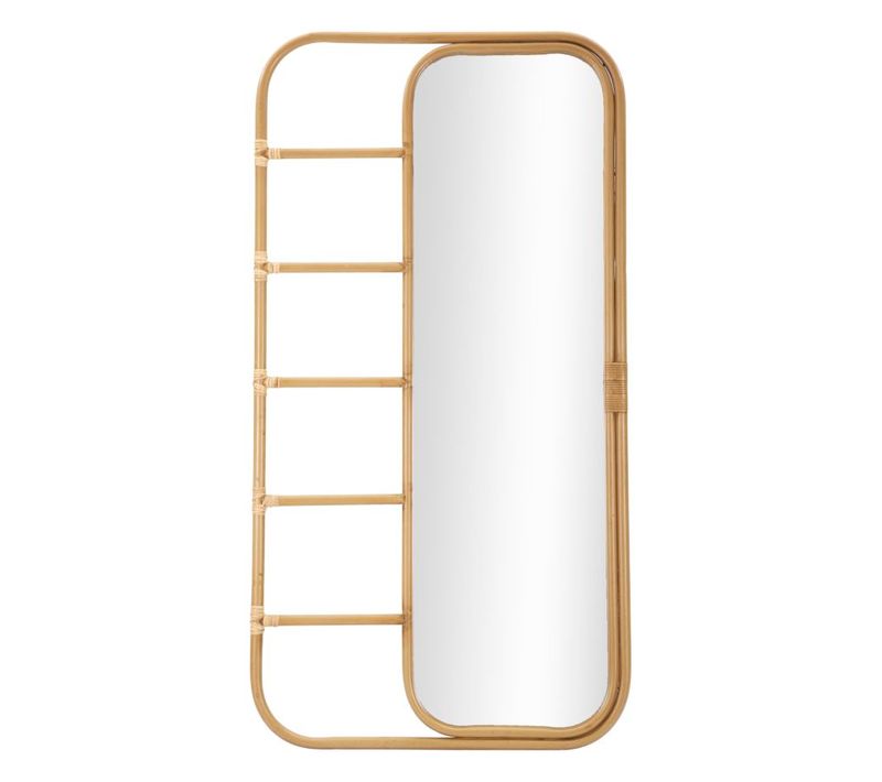 Miroir Sur Pied Rectangulaire 77,5x151 Cm Style Boho Chic Avec Rotin Et Porte-manteaux