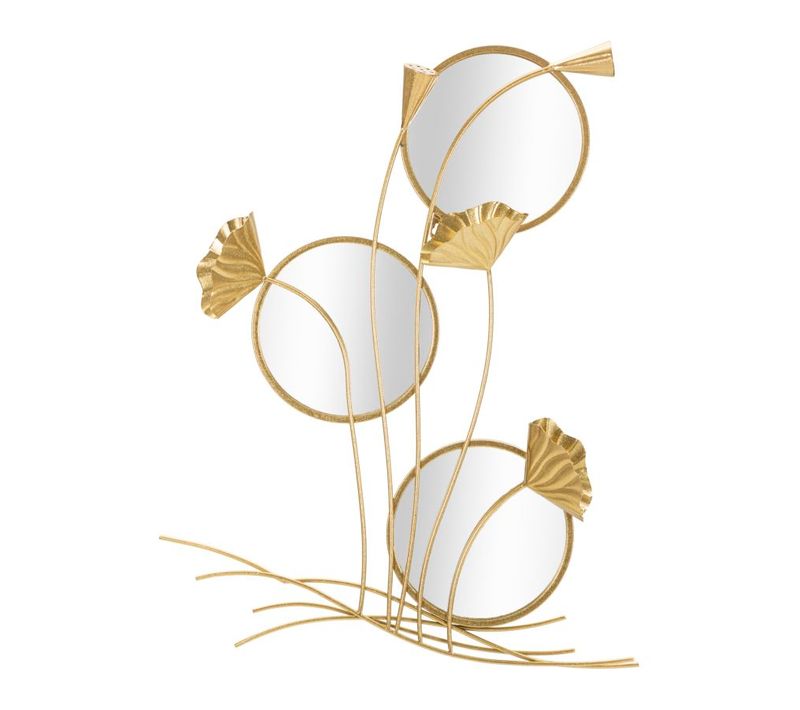 Composition Miroirs Muraux Ronds 65x88 Cm Avec Cadre Doré Et Décor Feuilles