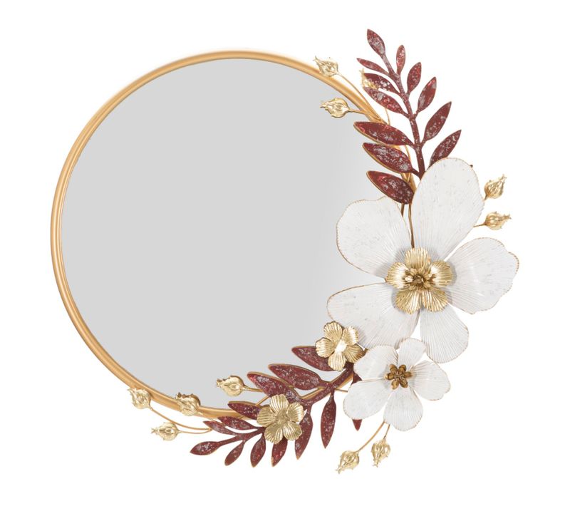 Miroir Mural Rond 75x72 Cm Cadre Doré Décor Feuilles Et Fleurs Multicolore