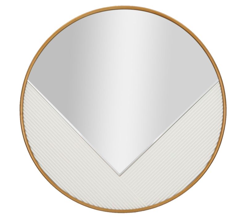 Miroir Rond Mural D.80 Cm Cadre Métal Doré Et Relief Bois Blanc