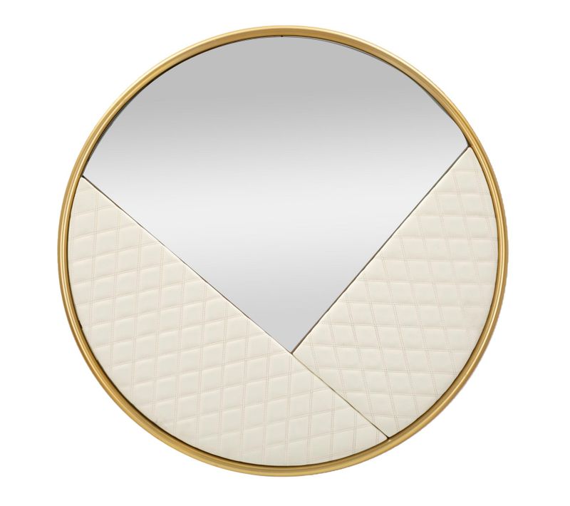 Miroir Mural Rond D.80 Cm Blanc Et Or Avec Détails Cuir Capitonné