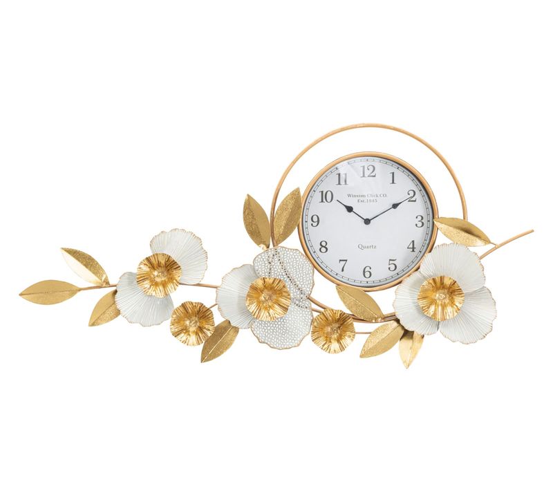 Horloge Murale Ronde 92,5 Cm Avec Panneau 3d Décoratif Fleurs Et Feuilles Doré