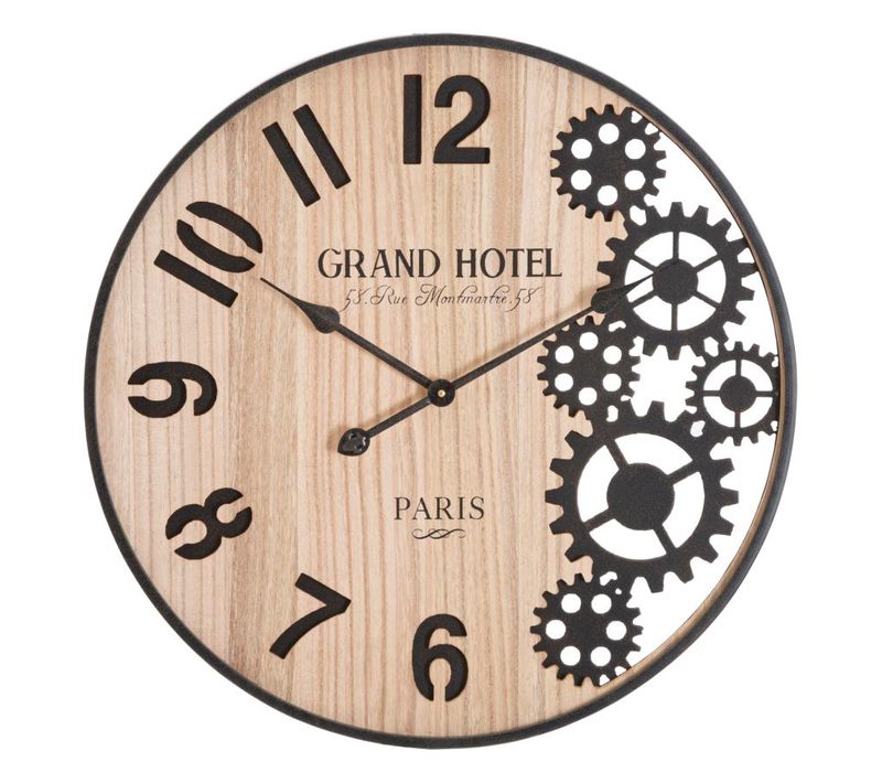 Horloge Murale Ronde D. 60 Cm Style Industriel Avec Engrenages Décoratifs Noirs Et Bruns