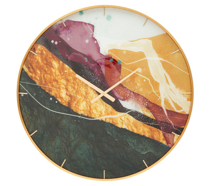 Horloge Murale Ronde D.80 Cm En Verre Multicolore Avec Cadre Doré élégant
