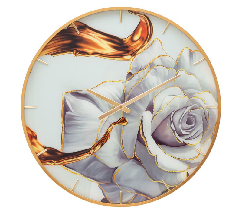 Horloge Murale Ronde Ø60 Cm Avec Cadre Doré Élégant Et Cadran Décoratif Rose Multicolore