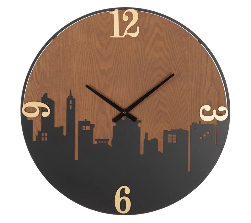 Horloge Murale Ronde 60 Cm En Métal Et Bois Avec Gravure Skyline élégante Pour Intérieur Moderne