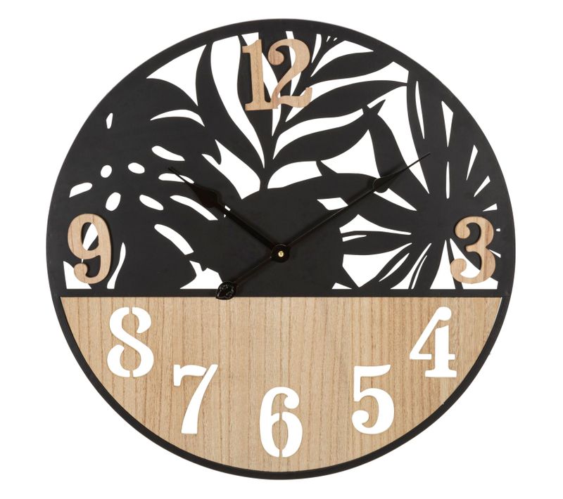 Horloge Murale Ronde 60 Cm En Métal Et Bois Au Design Moderne Inspiré Des Feuilles Tropicales