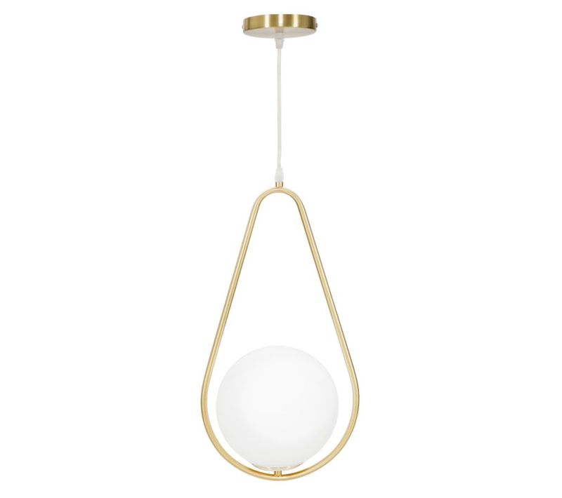 Suspension Design Doré Avec Globe En Verre Blanc, Forme Goutte, 1 Lumière