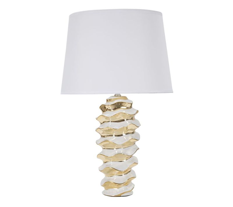 Lampe à Poser Céramique Blanche Et Dorée Ø33x53 Cm Design Ruche Avec Abat-jour Tissu