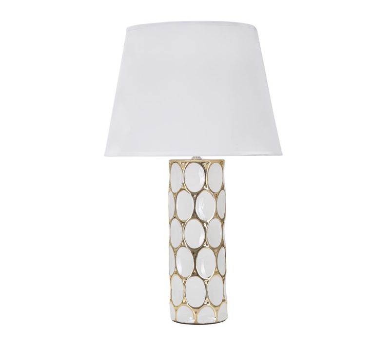 Lampe à Poser Céramique Blanche Et Dorée Ø34,5x56 Cm Décor Géométrique Avec Abat-jour Tissu