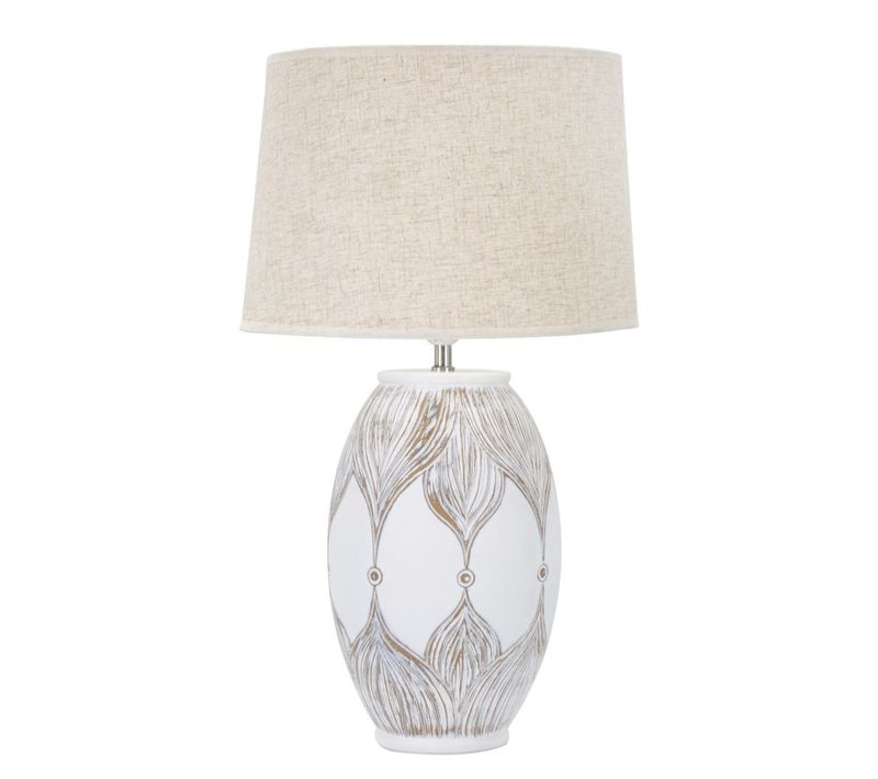 Lampe à Poser En Résine Blanche Et Brune D.38x67 Cm Avec Abat-jour Beige Style Bohème Chic