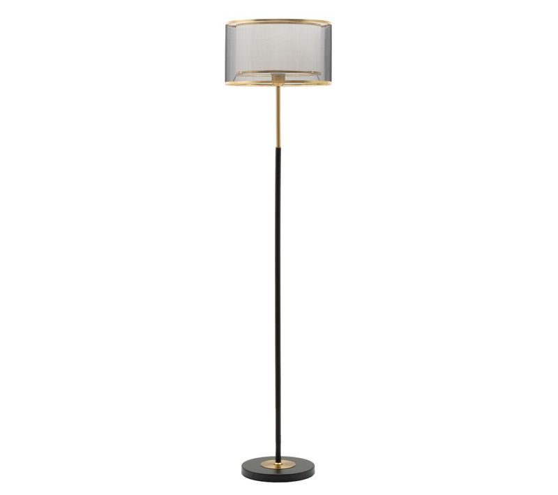 Lampadaire Moderne Métal Noir Et Doré Avec Abat-jour Double Et Bord Doré