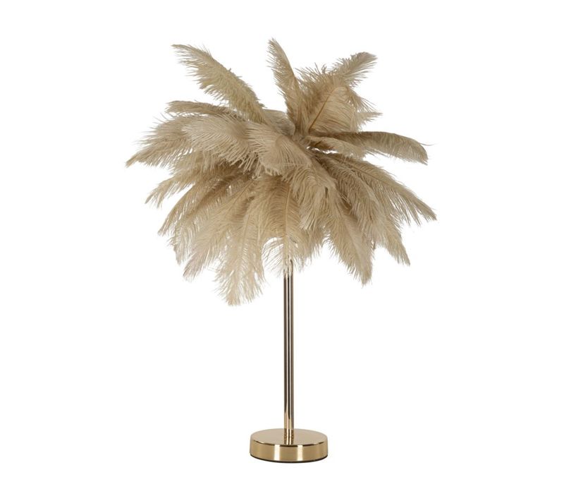 Lampe à Poser Métal Doré Avec Abat-jour Plumes Camel Et Blanches 55x60 Cm