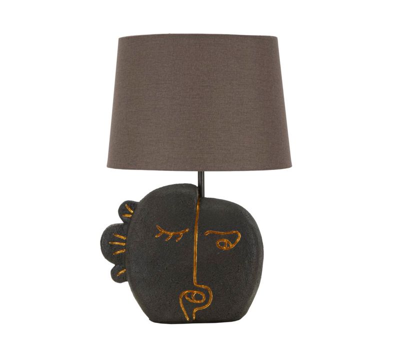 Lampe à Poser Résine Visage Tribal Élégante Avec Abat-jour Gris 27,5x39,5 Cm