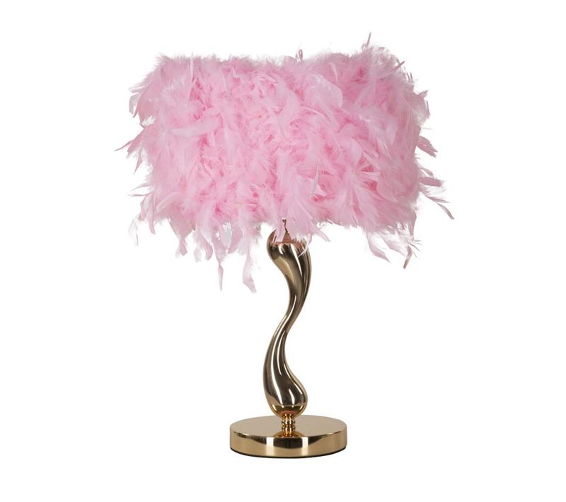 Lampe à Poser Pink Métal Doré 25x47 Cm Avec Abat-jour Plumes Synthétiques