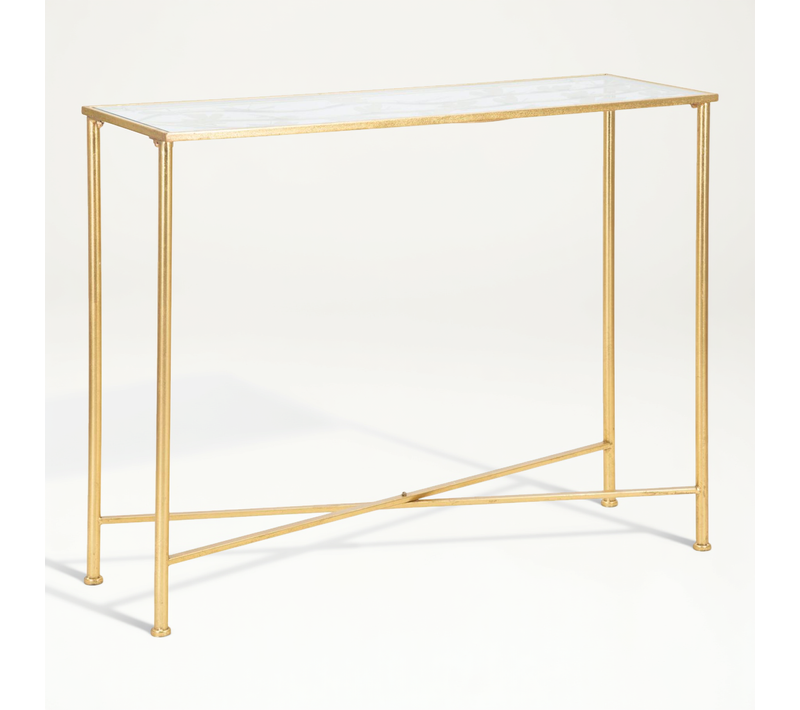 Console Dorée Avec Plateau En Verre Et Décor Papillons 100x35x80 Cm