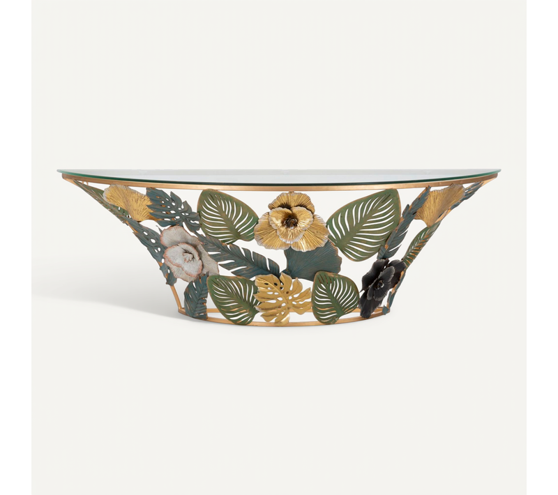 Console Murale Demi-lune Dorée Avec Décor Floral Multicolore 120x40,5x37,2 Cm