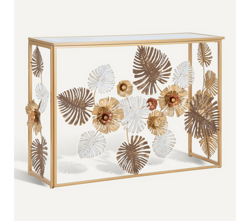 Console Dorée En Métal Avec Plateau Miroir Et Décor Floral Multicolore 113x40x80 Cm