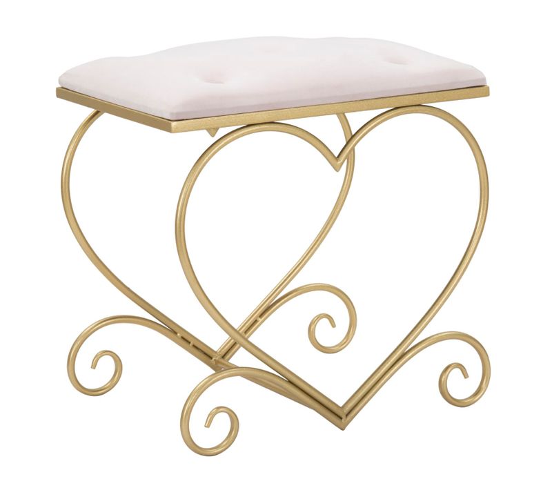 Tabouret Élégant 50x37,5x51,5 Cm Métal Doré Et Velours Rose Cœur Design