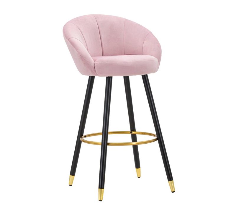 Tabouret De Bar 55x56x104 Cm Velours Rose Pieds Bois Et Métal Doré