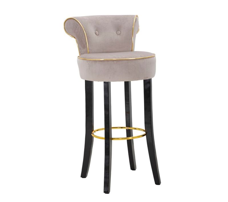 Tabouret De Bar Rond Gris 46x48x96 Cm Velours Synthétique Avec Dossier Et Repose-pieds Doré