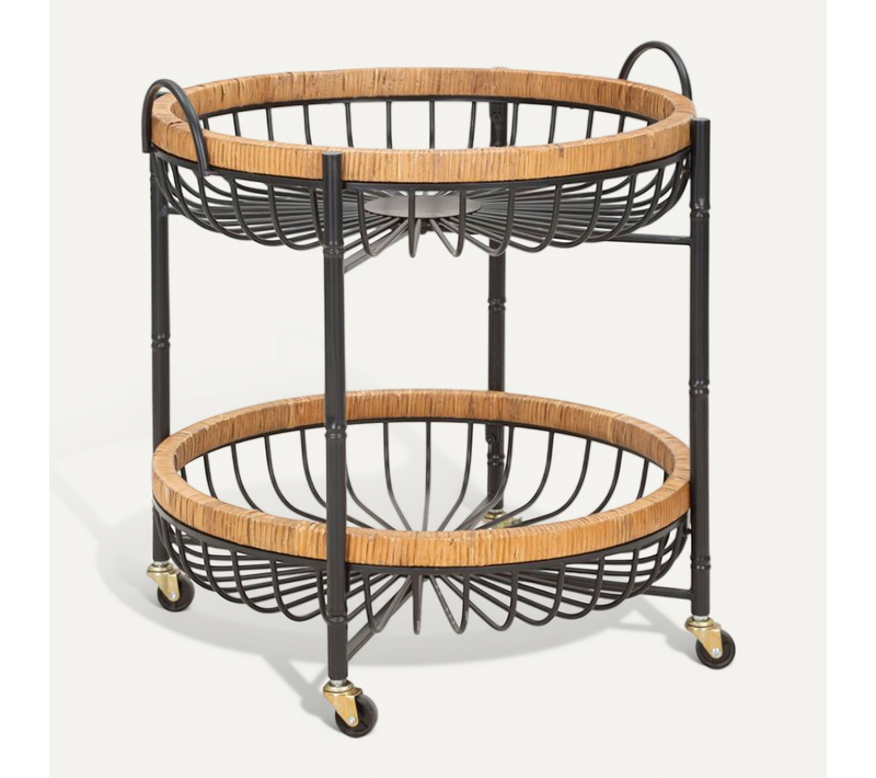Table d'appoint Ronde Trolley Boho Chic Avec Étagères En Métal Et Rotin 57x55,5x62,5 Cm