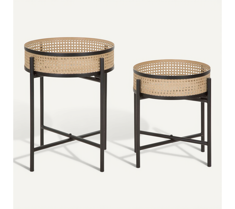 Lot De 2 Tables Rondes Porte-vases Boho Chic En Métal Avec Bols Style Rotin 40x50-35x40 Cm